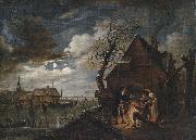 Aert van der Neer Hollandische Kanallandschaft bei Mondschein mit Schlittschuhlaufern und einem Lagerfeuer, an dem sich Bauern warmen USA oil painting artist